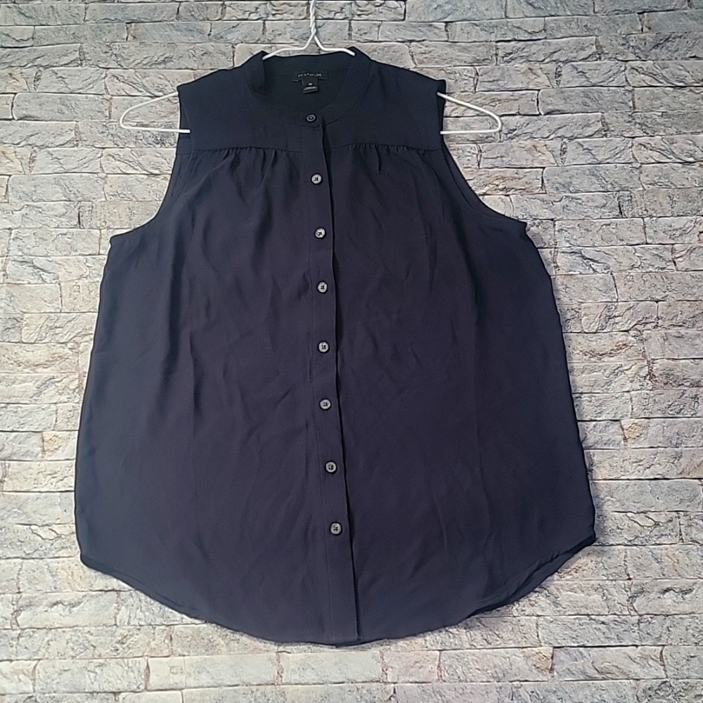 Ann Taylor Navy Blue Sheer Sleeveless Button Blouse